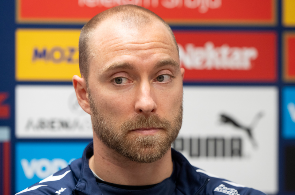 Denmark's Christian Eriksen looks on, during a press conference at Dubocica Stadium, in Leskovac, Serbia, Sunday, Nov. 17, 2024. ahead of a Nations Leagues soccer match against Serbia.