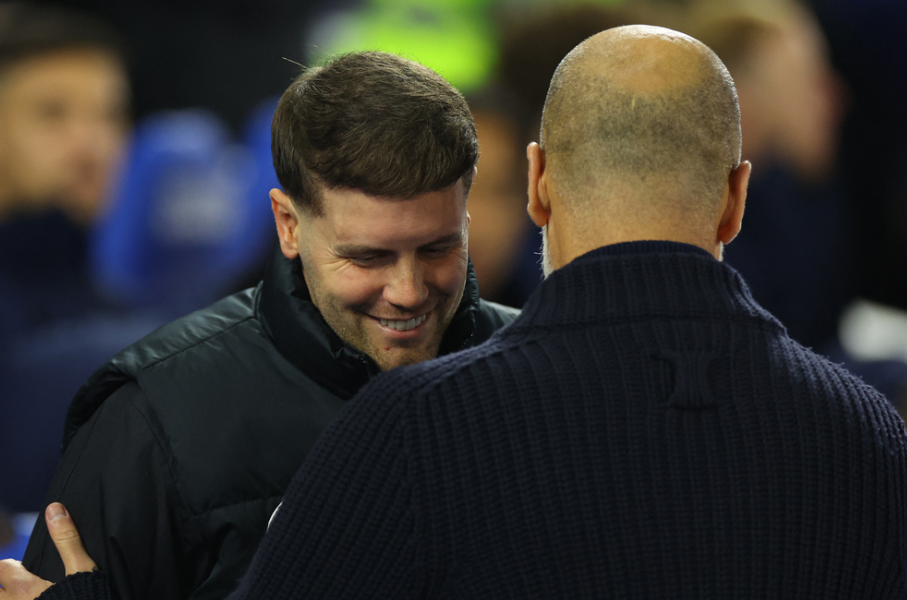 Soccer Football - Premier League - Brighton & Hove Albion v Manchester City - The American Express Community Stadium, Brighton, Britain - November 9, 2024 Brighton & Hove Albion manager Fabian Hurzeler with Manchester City manager Pep Guardiola before the match