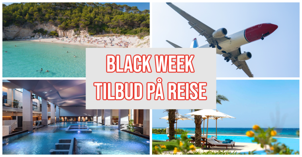 Bildet viser en collage med teksten "BLACK WEEK TILBUD PÅ REISE" i røde bokstaver, omgitt av bilder av en idyllisk strand, et fly i luften, et luksuriøst innendørs spa og et eksotisk bassengområde med utsikt mot havet. Vet du hvor du skal lete kan du spare tusenvis av kroner på reise, fly og hotell under Black Week 2024, og til destinasjoner som Gran Canaria, syden, Tenerife, Kanariøyene eller Thailand! Her har du de beste tilbudene i forbindelse med årets Black Friday. 