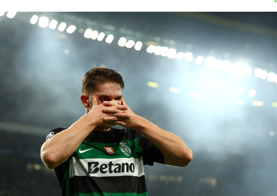 Soccer Football - Champions League - Sporting CP v Manchester City - Estadio Jose Alvalade, Lisbon, Portugal - November 5, 2024 Sporting CP's Viktor Gyokeres celebrates scoring their first goal 