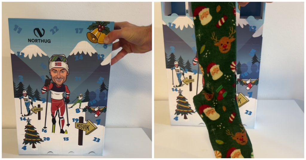 Bilde av northug julekalender fylt med 24 parr med sokker. Kalender er en artig tegning av petter northug