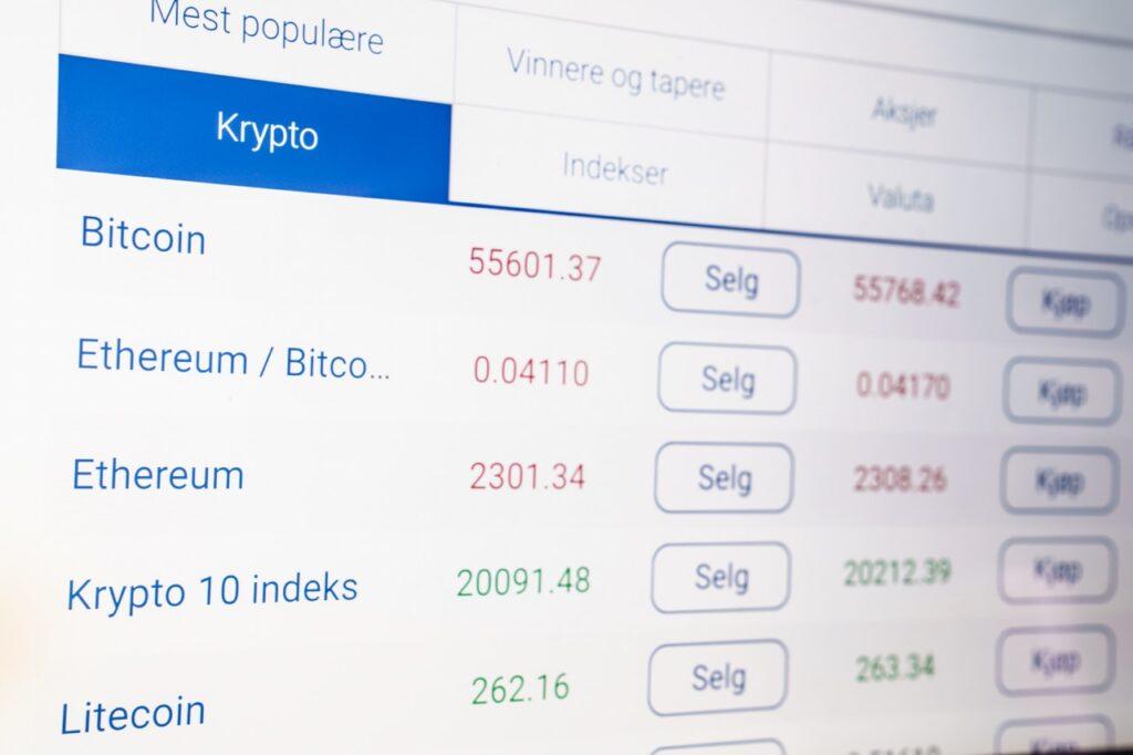 Oversikt over marked med kryptovaluta som Bitcoin og Ethereum, med kjøp- og salgsknapper.