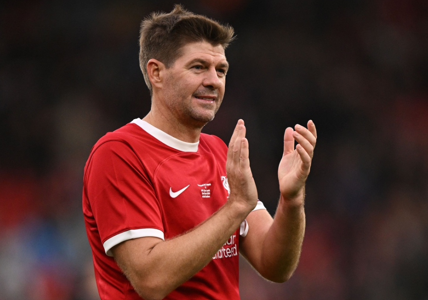 Liverpool Legends' midfielder Steven Gerrard applauds the fans following during the Legends football match between Liverpool Legends and Ajax Legends at Anfield in Liverpool, north-west England on March 23, 2024. 