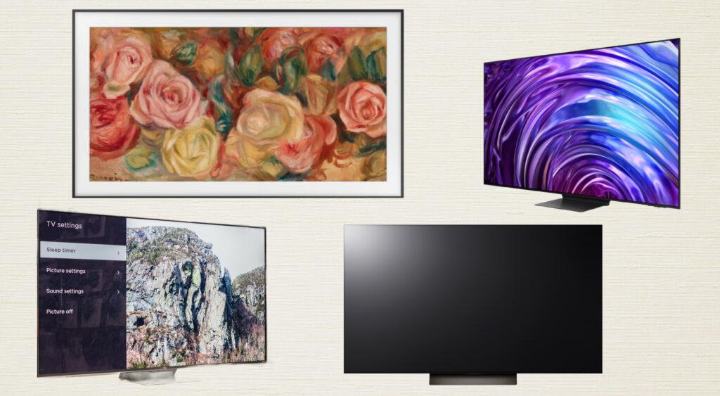 TV best i test 2024: Collage av Tv fra Samsung, LG og TCL