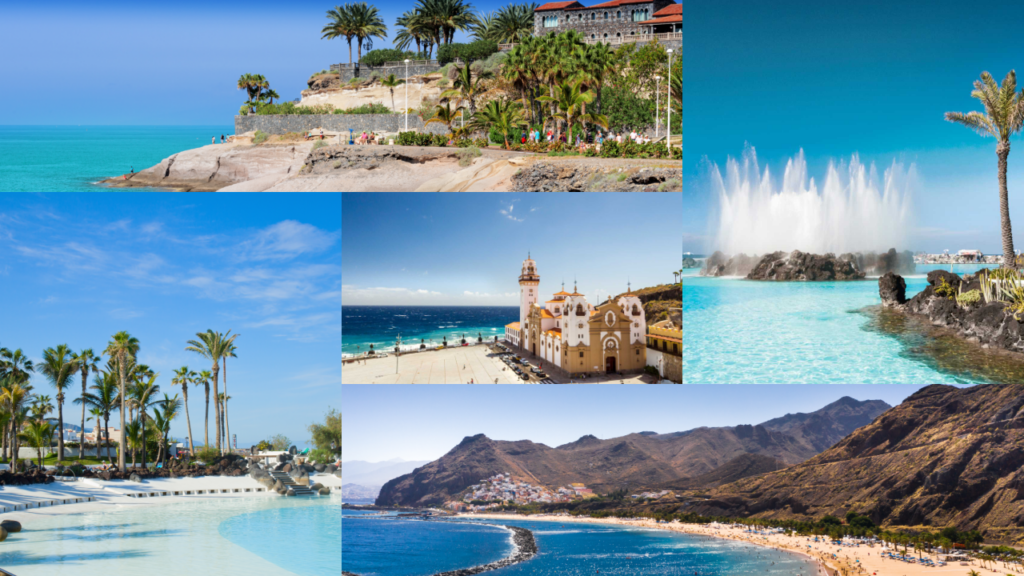 Dette bildet er en sammensetning av ulike scener fra en all-inclusive-ferie på Tenerife. Det viser blant annet: Strandscene med en tresti omgitt av grønne planter som leder til en sandstrand med parasoller og strandhytter. Svømmebasseng omgitt av solsenger og palmer, med et hotell i bakgrunnen. Drinker ved bassenget, hvor to personer skåler med fargerike, tropiske cocktailer. Solnedgang over havet med silhuetter av parasoller og palmer. Buffetbord med et utvalg av elegante desserter og en kokk som tilbereder mat. Teksten i bildet fremhever "Restplass All Inclusive Tenerife," som formidler et tilbud om rimelige reiser med alt inkludert til denne populære ferieøya. Bildet gir en følelse av luksus, avslapning og ferieglede. Vi har funnet restplasser på All Inclusive-reiser til Tenerife. Her kan du altså spare flere tusen på ferie med både fly, hotell og alt inkludert (mat og drikke) til den vakre og største Kanariøya!