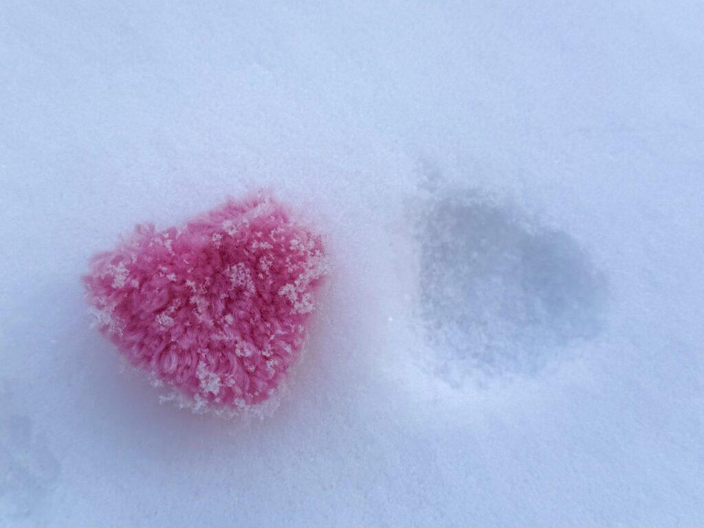 Et rosa, lodden hjerte ligger på snøen, med et tydelig avtrykk ved siden av der hjertet tidligere har ligget. Snøen er jevn og hvit, noe som gir en ren bakgrunn som fremhever hjertets sterke farge og tekstur. Avtrykket i snøen gir bildet en dynamisk følelse og en historie om bevegelse.