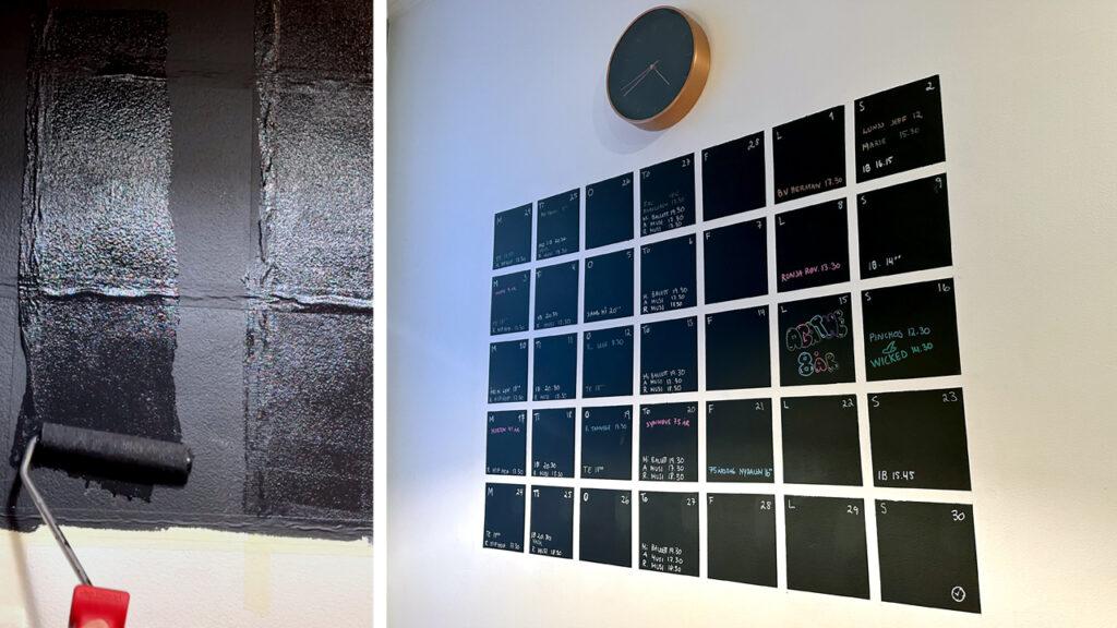 Bildet viser en DIY-prosess for å lage en veggkalender med tavlemaling. På venstre side blir firkanter malt med svart tavlemaling ved hjelp av en malerulle. Tapen rundt firkantene antyder at de er målt og markert på forhånd for å sikre et jevnt resultat. På høyre side vises det ferdige prosjektet: en stor månedskalender på en hvit vegg, bestående av svarte tavleruter der hver representerer en dag. Noen av rutene har fargerik krittmarkering med avtaler og påminnelser. Over kalenderen henger en minimalistisk klokke.