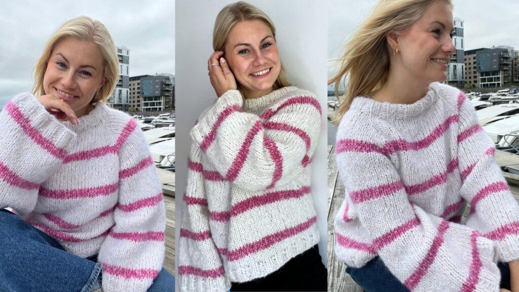 Carolinegenseren fra Knitting by Emilie er en oversized strikkegenser med brede rosa striper på en hvit base. Genseren er strikket i tykk og fluffy mohairblanding, som gir en lett, men varm følelse. Den har en romslig passform, vide ermer og en klassisk ribbestrikket hals. Perfekt for en avslappet, men stilfull look!