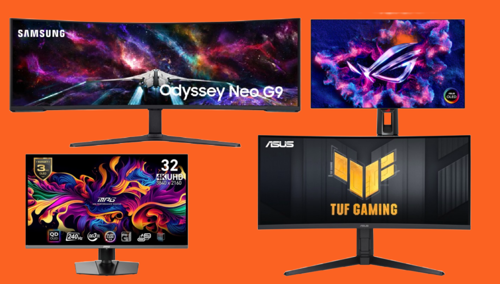 Collage av best i test gamingskjermer fra Samsung, Asus og MSI 