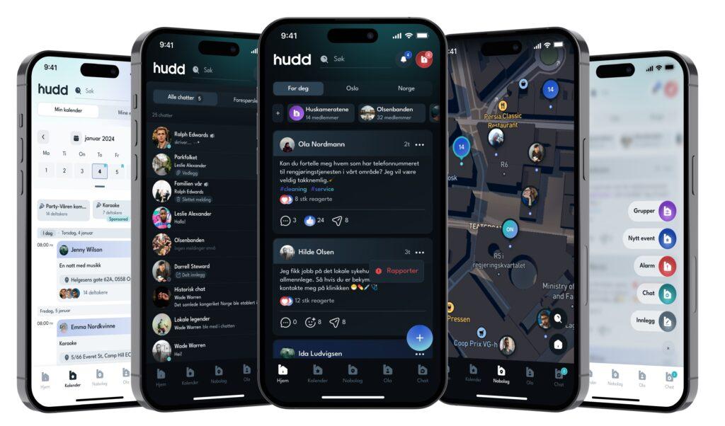 Bildet viser fem smarttelefoner med åpne skjermer som viser mobilappen "hudd." Appen har et mørkt grensesnitt og ser ut som en sosial plattform med ulike funksjoner:

Kalender for arrangementer
Nyhetsfeed med innlegg og interaksjoner
Kartvisning med brukere og hendelser
Meny med snarveier til grupper, chat og alarmer
Designet er moderne og funksjonene kombinerer sosiale nettverk, arrangementshåndtering og lokasjonsbasert interaksjon.