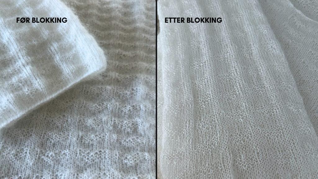 Før og etter blokking: «Usynlige hjerter» viser tydelig hvordan struktur og passform forbedres etter vask. Det lett bølgende mønsteret folder seg ut og fremhever hjertedetaljene.