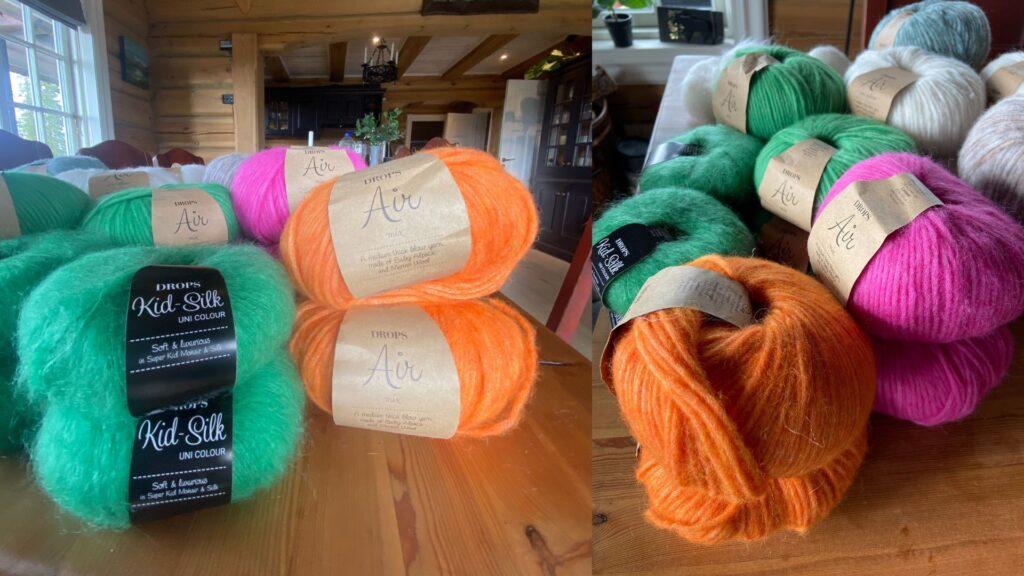 Nærbilder av garn brukt i Vilja-genseren fra Vild Knitwear. Garnnøstene er Drops Air i fargene oransje, rosa og grønn, samt Kid Silk i en matchende grønn tone. Garnet ligger på et trebord i en koselig stue med tømmervegger og store vinduer. Dette er garnkombinasjonen som gir Vilja-genseren sitt karakteristiske luftige og fargerike uttrykk.