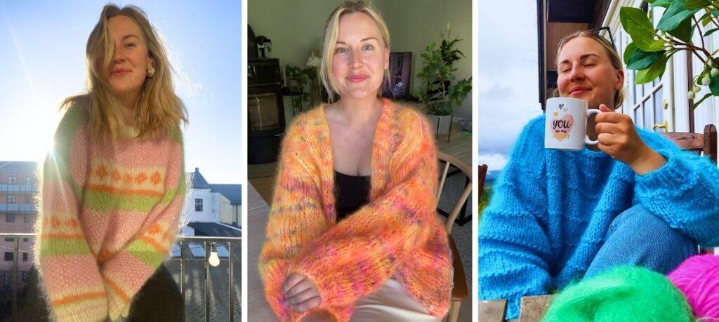 Tre strikkeplagg fra Vild Knitwear vises på bildet: til venstre ser vi Candy Sweater i pastellfarger med oransje blomstermønster, i midten Mari Cardi i oransje-rosa flerfarget garn, og til høyre Kiki Sweater i en klar blåfarge. Alle tre strikkedesignene bæres av en smilende kvinne i naturlige omgivelser, med både inne- og utescener.