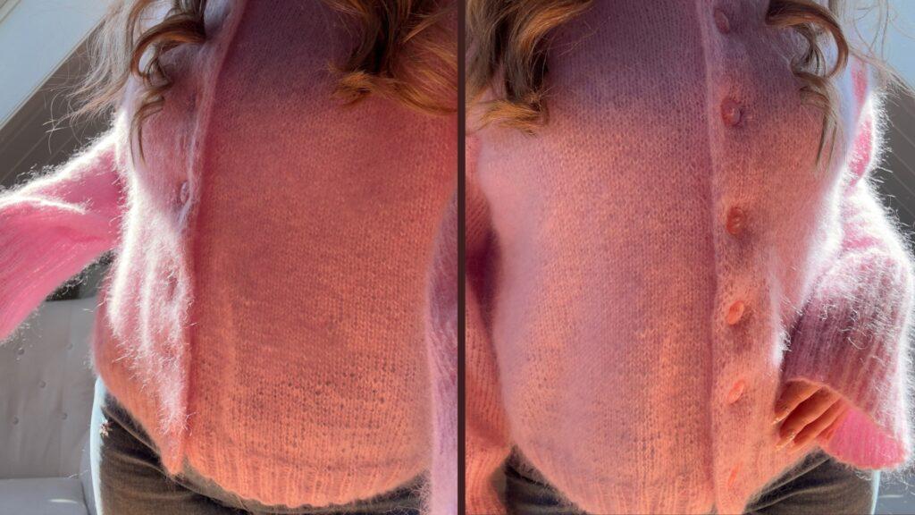 To utsnitt av Marie Cardigan i dus rosa mohair, stylet ute i dagslys. Cardiganen har rund hals, tone-i-tone knapper og en lett, luftig struktur i glattstrikk.