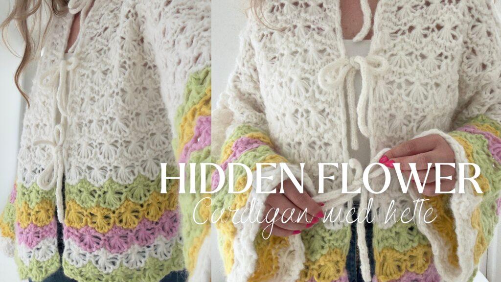 Strikkeoppskrift på Hidden Flowers – en chunky damejakke i blomsterstrikk med hette, strikket med dobbel tråd og dekorative fargestriper i lime, rosa og gult. Jakken strikkes i teknikken "flowers in a row".