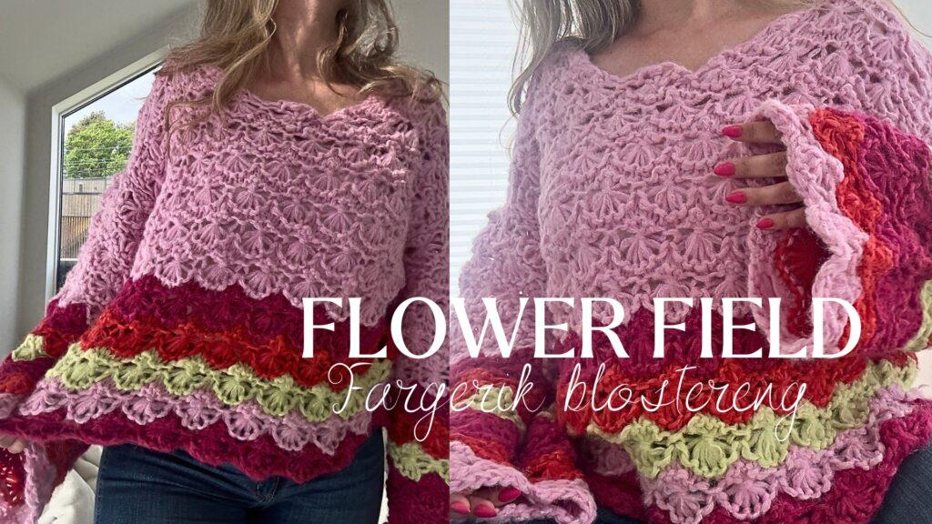 Strikkeoppskrift på Flower Field – en fargerik damegenser i blomsterstrikk. Genseren strikkes i dobbel tråd med tydelige fargestriper og en bølgete avslutning, med teknikken “flowers in a row”.