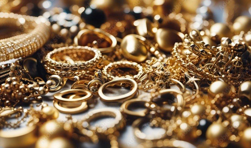 Bildet viser en stor mengde gullsmykker som ligger hulter til bulter oppå hverandre. Det er et virvar av ringer, armbånd, kjeder og øredobber i ulike former og størrelser, alle i skinnende gyllent metall. Noen ringer har mønster, andre er glatte og enkle. Blant smykkene finnes også perler og små detaljer som stjerner, kuler og kjeder i finmasket lenke. Hele bildet gløder av varmt gullskinn, og gir inntrykk av verdi, luksus og rikdom. Smykkene er tilfeldig plassert, noe som gir bildet et overflødig og overdådig uttrykk.