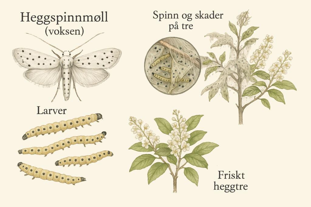 Illustrasjonen viser hele livssyklusen til heggspinnmøllen – fra egg til larve og voksen insekt.