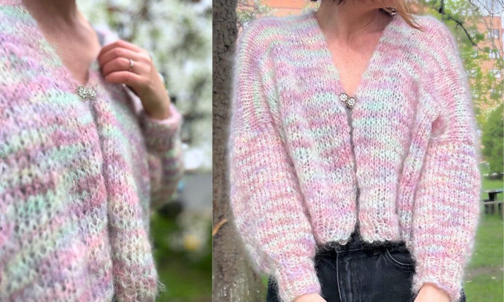Nærbilder av lukkeløsningen på Sukkerspinnjakken, som er strikket i håndfarget pastellfarget mohair. Jakken holdes sammen øverst med en liten pynteknapp i metallform med blomsterdetaljer. Det er ikke sydd knapphull i jakken, men knappene er festet direkte i strikkemaskene som fungerer som åpninger. Den luftige strukturen i mohairgarnet gir jakken et delikat og feminint uttrykk.