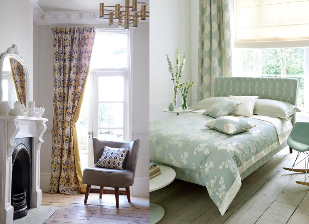 Vi har snakket med eksperten som fortelller hvordan man henger opp gardiner. Her er to bilder av oppheng, venstre: gule gardiner i hvit stue. Høyre: Grønne gardiner med mønster bak seng med grønt sengeteppe.