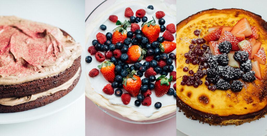 Bilde av 3 veganske 17. mai kaker: Saftig sjokoladekake, pavlova og bakt ostekake