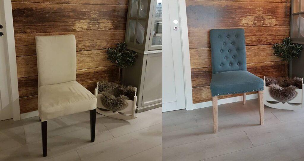 Før og etterbilde av ikea-stole som ble fornyet med nytt trekk, knapper og flotte detaljer.
