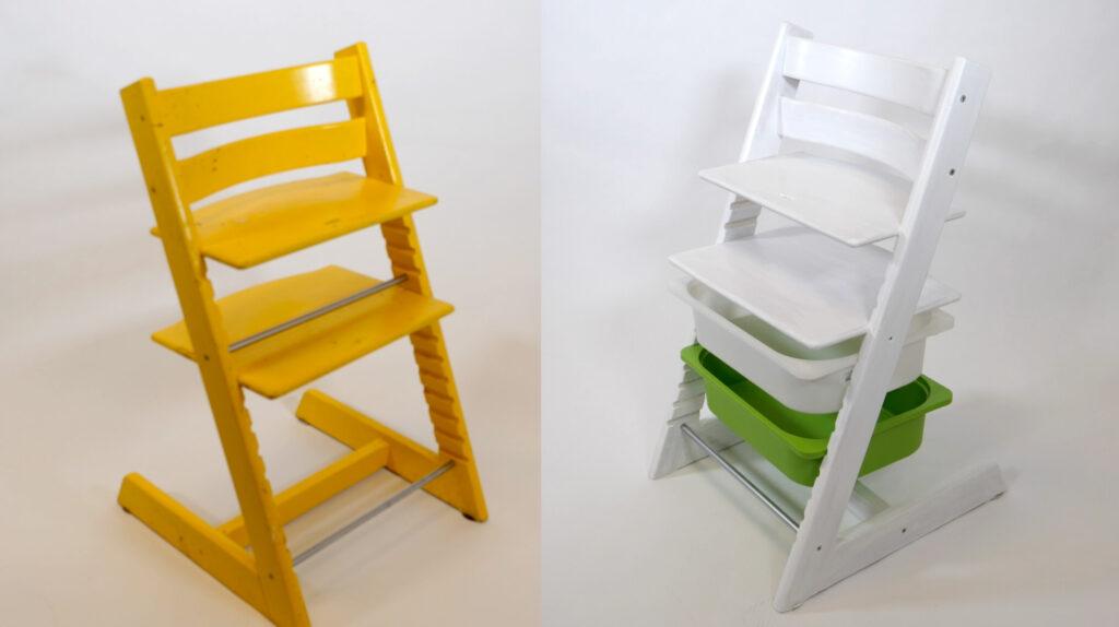 Bilde av Tripp Trapp stol før og etter fornyelse med malingsfjerner og ny maling
