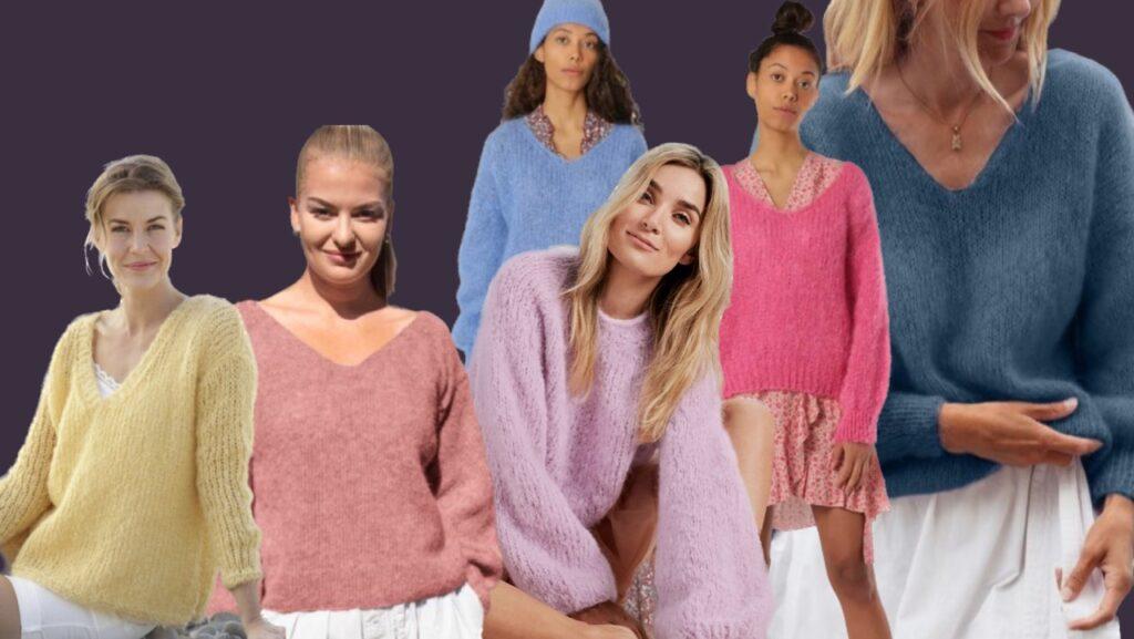 Collage med kvinner som alle har på seg en versjon av den populære american dreams genseren. Vi har samlet flere strikkeoppskrifter, garnalternativ og gratis strikkeoppskrifter på den populære american dreams genseren.