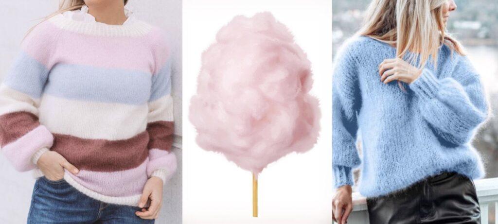 Tre bilder. Bilde 1 visere stripete strikkegenser i pastellfarger. Bilde 2 viser rosa sukkerspinn. Bilde 3 viser lyseblå strikkegenser. Cotton candy genser har plitt et populært strikkaplagg. Vi gir deg gratisoppskrifter.