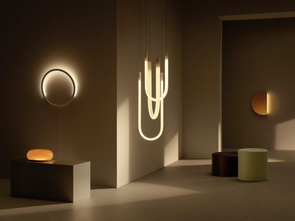 Stilrent hjørne med produktene fra Ikea sin varmblixt kolleksjon. Viser frem tre forskjellige lamper som utforsker forskjellige runde former.
