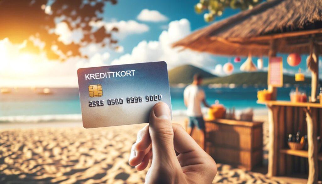 I forgrunnen ser man et kredittkort som blir brukt på reise. I bakgrunnen ser man en strand og blått hav. Vi forteller alle fordelene og hvorfor det er anbefalt å bruke kredittkort når man reiser. Man kan blant annet få få reiseforsikring, og svindelforsikring ved bruk av kredittkort på reise.