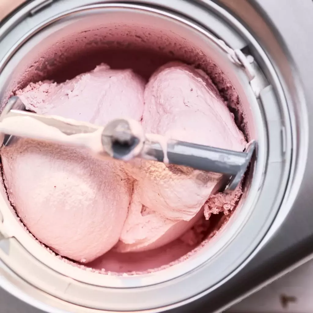 Iskremmaskin best i test: Bilde tatt ovenfra og ned i en iskremmaskin.