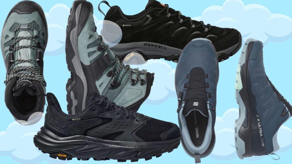 Collage med bilde av gore-tex sko fra populære merker som Salamon, Hoka og Merrell. De vanntette skoene har en lyseblå bakgrunn. Vi har funnet vanntette sko med gore-tex som er kåret til best i test i 2024.