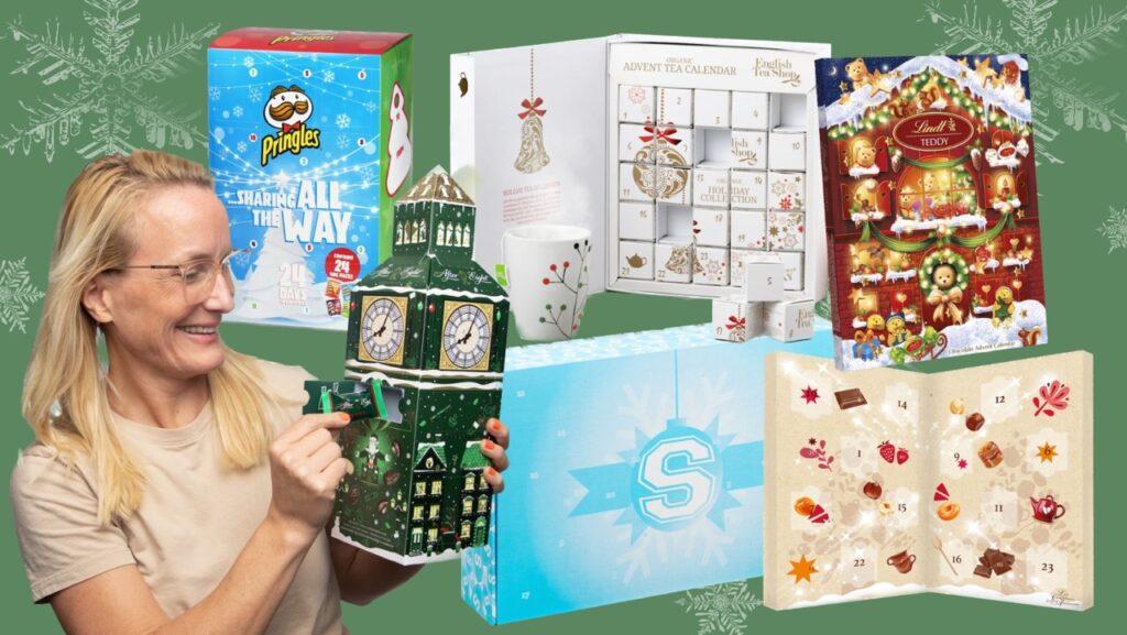 Collage av spiselige julekalendere 2023. Her finner du spiselige adventskalendere som After Eight, Lakrids by Bulow, Pringles, kaffekalender, tekalender, anton berg, lindt og mange flere
