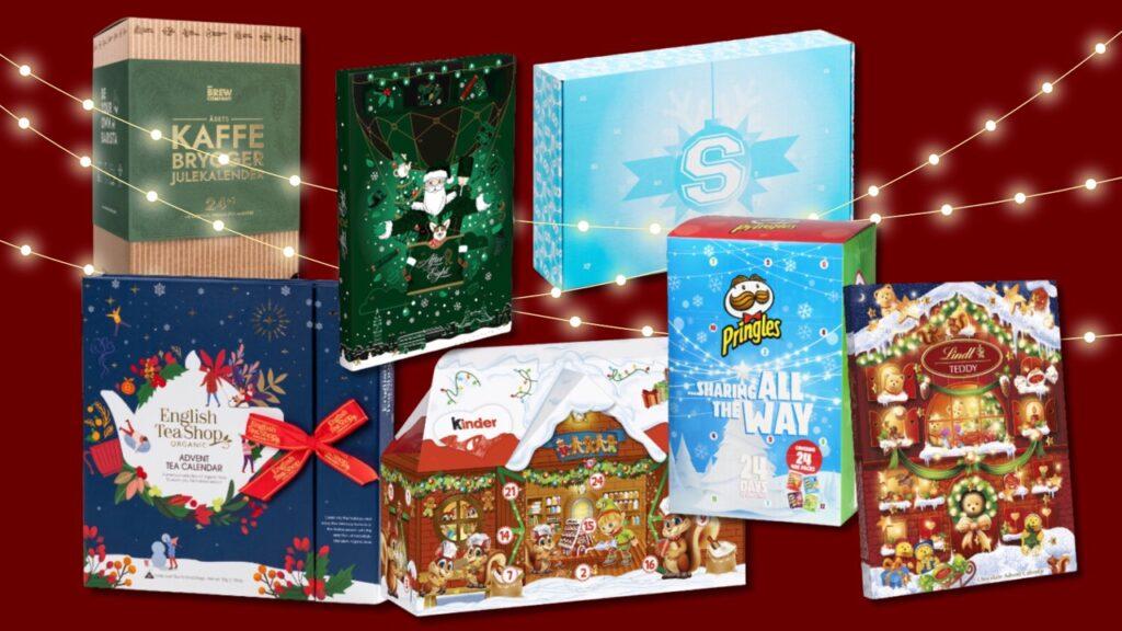 Kollasj av spiselige julekalendere 2024. Her finner du spiselige adventskalendere som After Eight, Lakrids by Bulow, Pringles, kaffekalender, tekalender, anton berg, lindt, Kinder julekalender, S-merket, smarties julekalender.