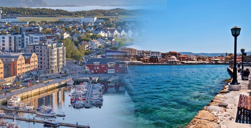 To bilder som har smeltet sammen til ett bilde. Til venstre ser du oversiktsbilde av moloen i Bodø som «smelter» inn i et bilde av en strand på Kreta i Hellas. Vi hjelper deg med å finne restplasser fra Bodø til syden slik at du enkelt kan finne billige reiser fra Bodø lufthavn.