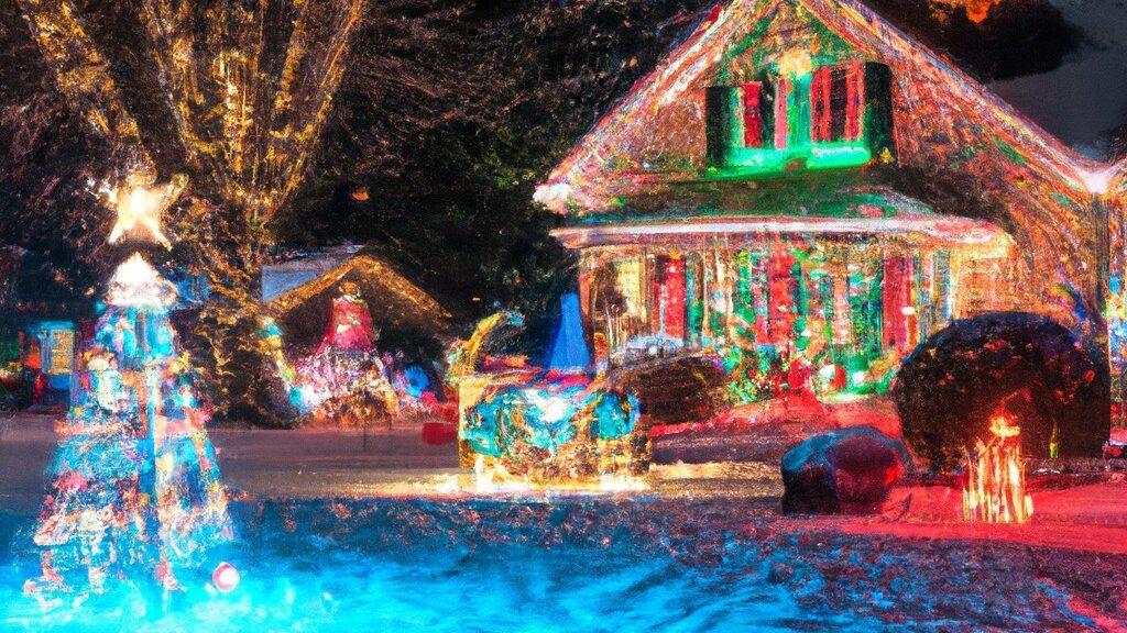 Julelys ute: AI-generert bilde av et juledekorert hus.