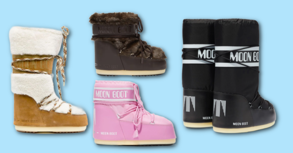 Bilde av fire ulike modeller av den populære skoen Moon Boots. På bilde ser du en Høy moon boots med pels og en modell i sort. I tillegg ser du to lave moon boots. Ett parr i rosa og et parr i brun fuskepels.