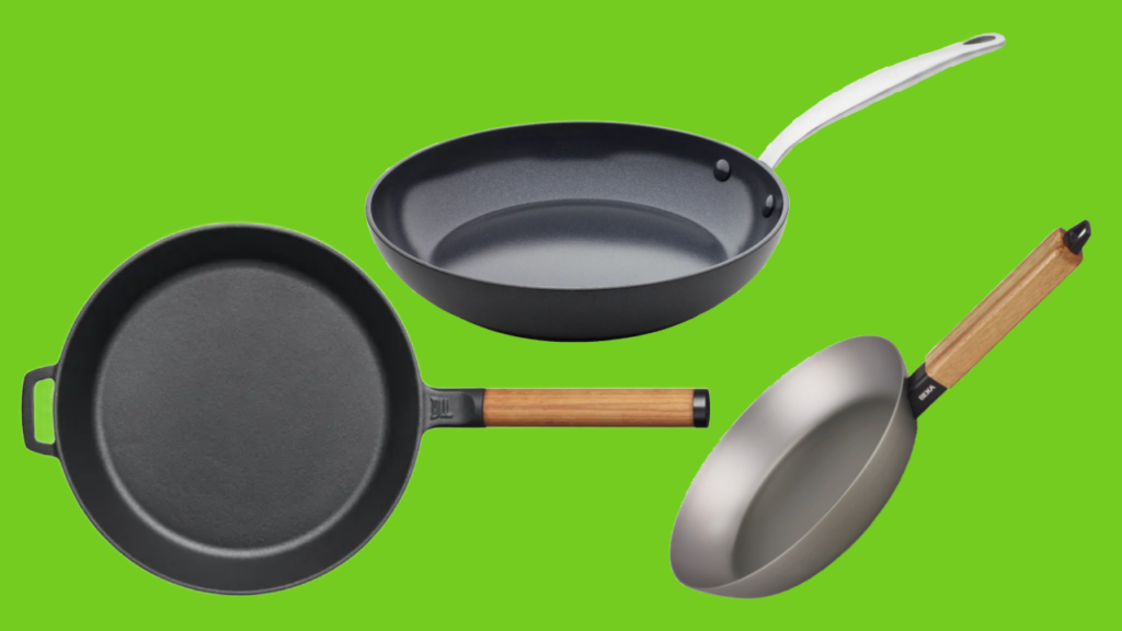 Alternativ til teflon-stekepanner: Collage av støpejernspanne fra Fiskars, keramisk panne fra Green Pan og karbonstålpanne fra BEKA.