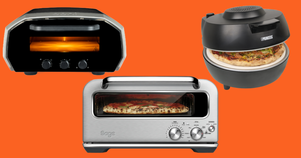 Elektrisk pizzaovn: Collage av 3 gode pizzaovner fra Sage, Ooni, og Princess