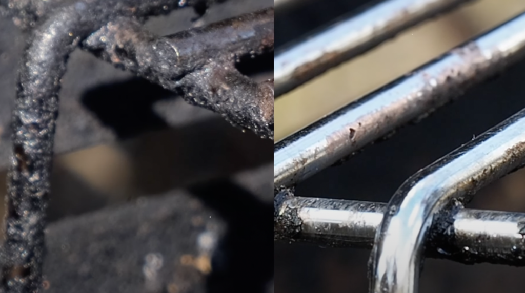 Vaske og rense grill: Bilde av før og etter vask og rens av grillrist.