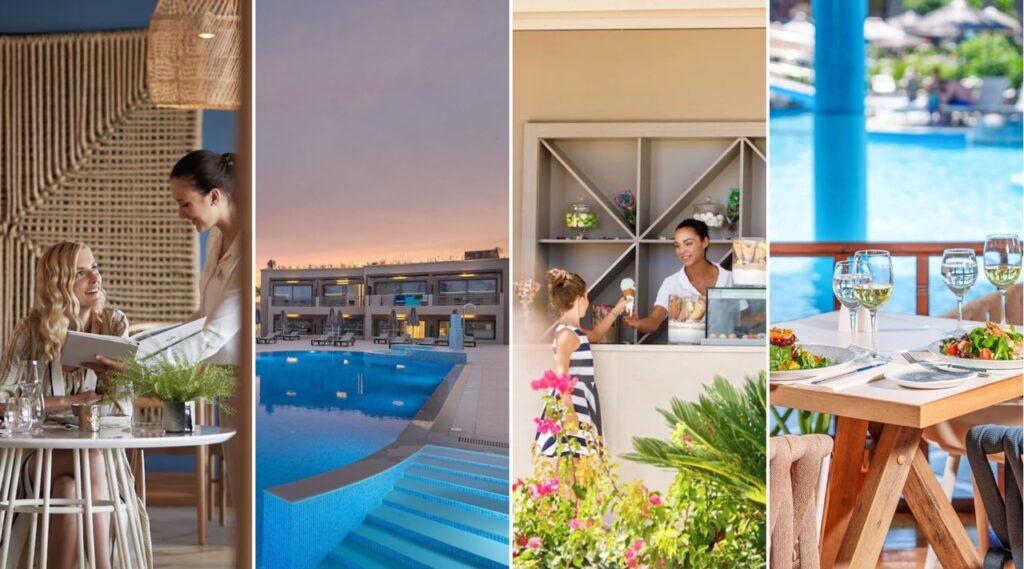 Fire bilder sammensatt til ett bilde. Bildene viser forskjellige all inclusive-hotell i Hellas på destinasjoner som Kreta og Rhodos. All inclusive er perfekt for deg som reiser til syden med familien da det ofte er mange aktiviteter til barn her. Vi hjelper deg med å finne de beste hotellene med all inclusive i Hellas, samt tipser om hvor du kan finne billige reiser med all inclusive ved hjelp av restplasser.