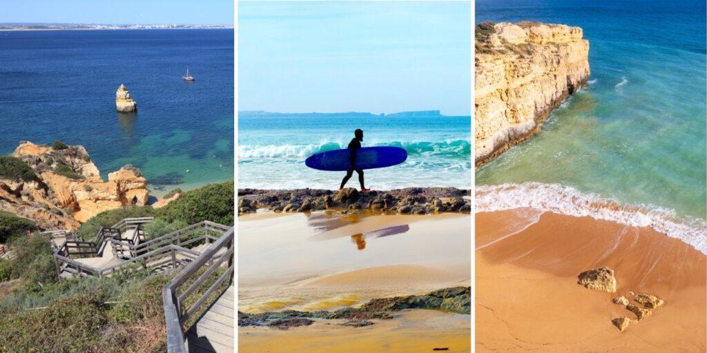 Bildet består av tre forskjellige bilder fra Algarve-kysten i Portugal. Til venstre er det et bilde av Lagos hvor en steinete kystlinje med trapper som fører ned til vannet, hvor en enkeltstående steinformasjon stikker opp fra det klare, blå vannet. I midten går en surfer med et blått surfebrett langs strandkanten i Sagres, med bølger som ruller inn i bakgrunnen . Til høyre er det en gyllen sandstrand omgitt av klipper, med bølger som skvulper inn mot kysten i byen Albufeira. Vi hjelper deg med å planlegge ferien til Algarve-kysten i Portugal. Vi gir deg alt fra tips til byer; Lagos, Faro, Tavira, Albufeira og Sagres. Samt hvor du kan finne hotell langs Algarve-kysten og shoppingmulighetene.