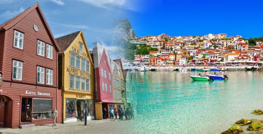 To bilder som har smeltet sammen til ett bilde. Til venstre ser du bryggen i Bergen som «smelter» inn i et bilde av en strand i Hellas. Vi hjelper deg med å finne restplasser fra Bergen til syden slik at du enkelt kan finne billige reiser fra Flesland.