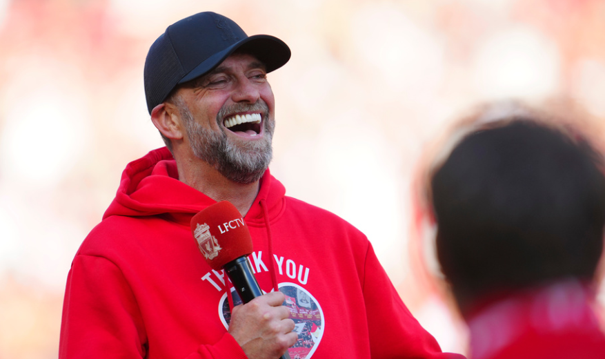 Jurgen Klopp reacts after his very last match with Liverpool after the English Premier League soccer match between Liverpool and Wolverhampton Wanderers at Anfield Stadium in Liverpool, England, Sunday, May 19, 2024