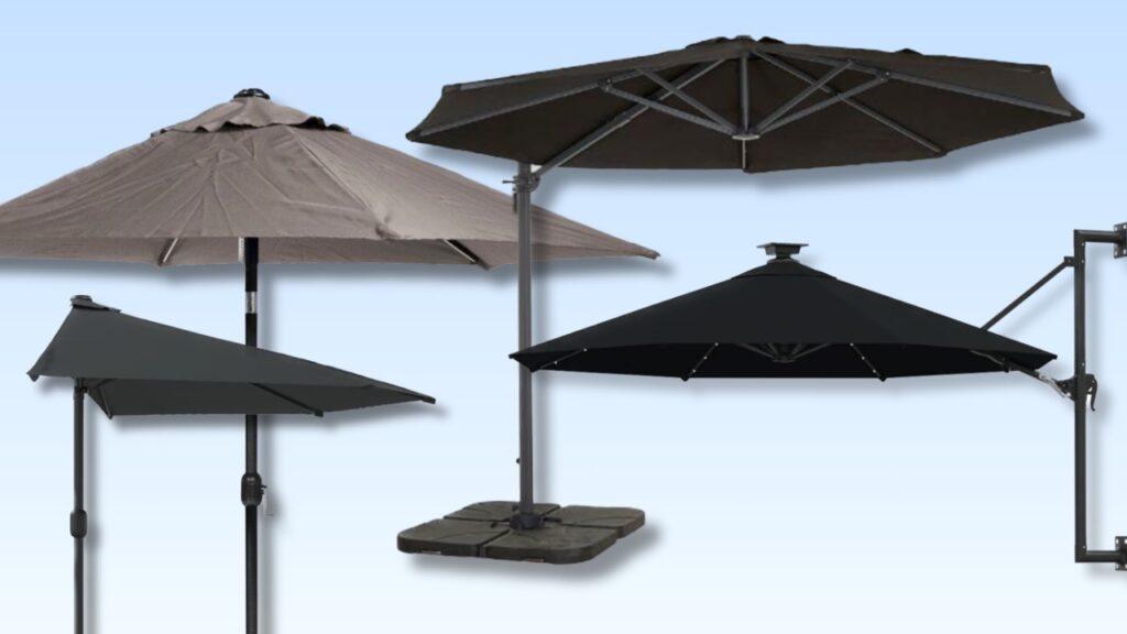 Bildekollasj av fire forskjellige parasoller på en blå bakgrunn. Vi hjelper deg med å velge riktig parasoll til titt uterom, enten det er markedsparasoll, terrasseparasoll, cantileverparasoll eller vegghengt parasoll du er ute etter.