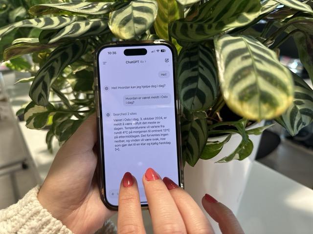 En person holder en iPhone som viser en aktiv samtale med ChatGPT. I samtalen spør brukeren om dagens vær i Oslo, og ChatGPT gir en detaljert værmelding. Bakgrunnen består av grønne planter, og personen som holder telefonen har rød neglelakk.