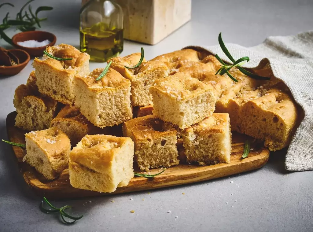 Bildet viser en serveringsplate fylt med biter av hjemmelaget focaccia. Brødet er gyllent og luftig, toppet med havsalt og ferske rosmarinkvister. I bakgrunnen er en flaske olivenolje og en liten skål med salt, noe som gir bildet en rustikk og appetittvekkende atmosfære.