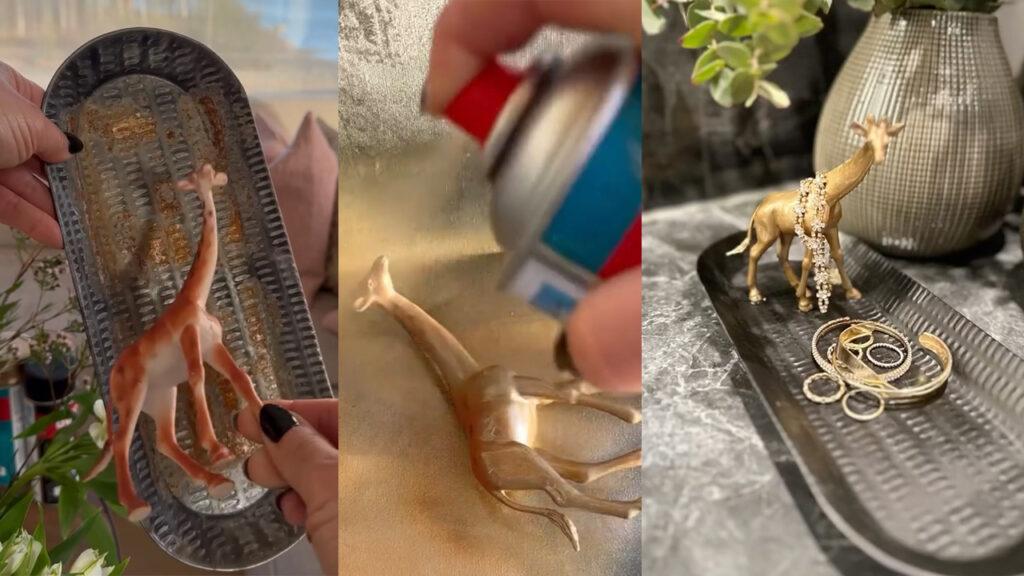 Bildet viser en kreativ DIY-prosess i tre steg. Til venstre vises en lekegiraff plassert på et lite metallfat. I midten spraymales giraffen med gullfarget maling. Til høyre er sluttresultatet: en elegant smykkeskål med den gyldne giraffen som midtpunkt, dekorert med smykker og plassert på en benkeplate med et grønt plantearrangement i bakgrunnen.
