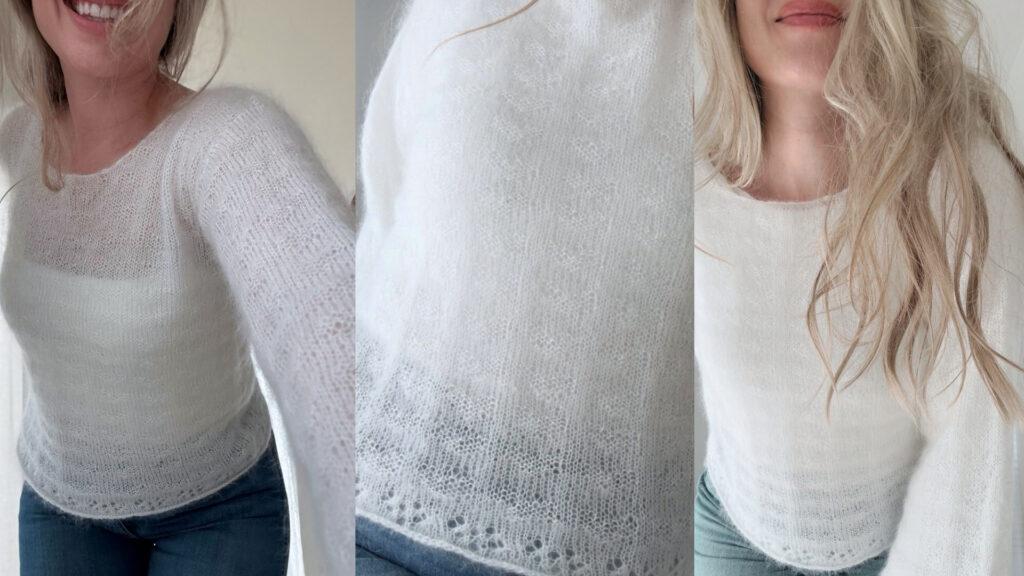 «Usynlige hjerter» er en feminin mohairgenser med rund hals og kroppsnær passform. Genseren strikkes uten montering og har et lett fall som gjør den perfekt til bruk over jeans eller skjørt.